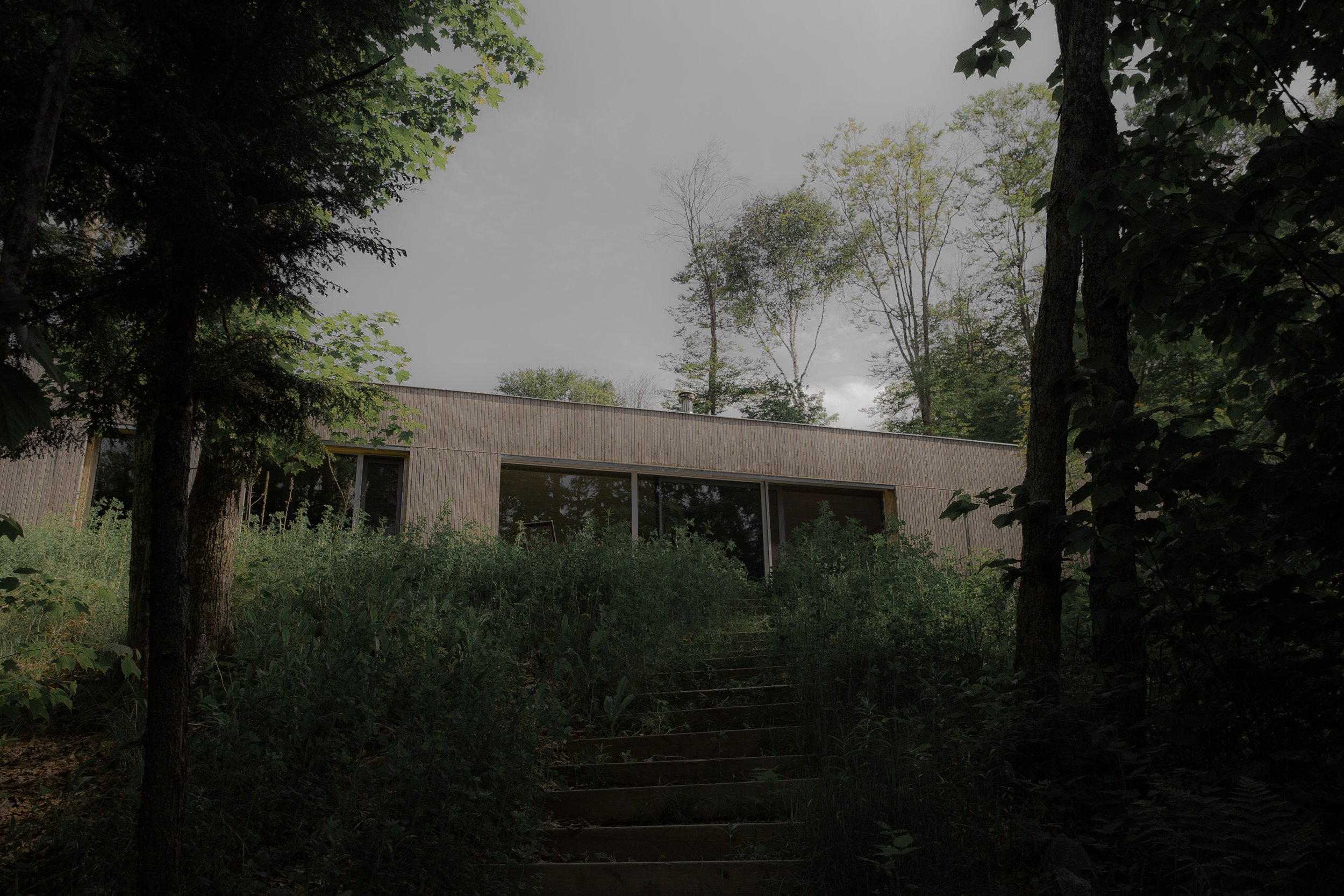 Modern house with large glass windows, situated on a hill covered with greenery and trees, under a cloudy sky.