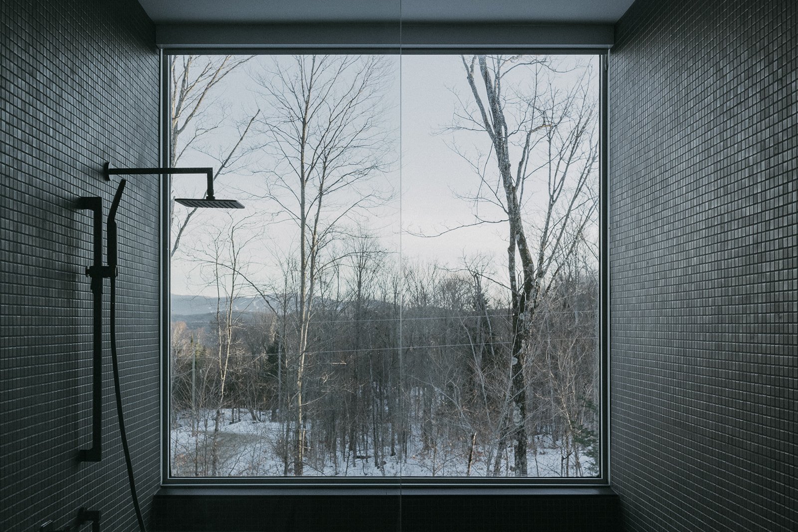 Modern shower with black tiled walls and a large window showing snowy trees and mountains outside