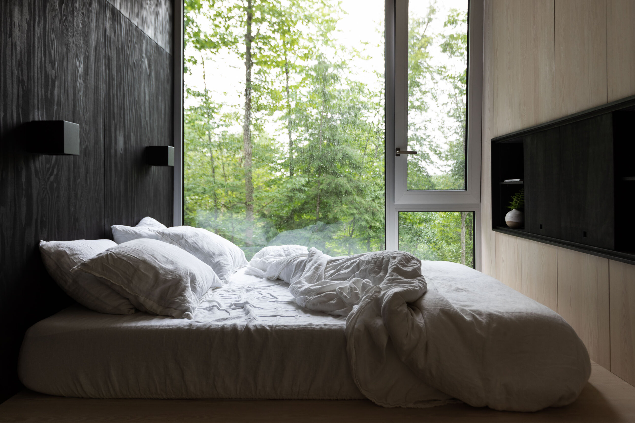 Unmade bed with white sheets and pillows in front of large window with green trees outside.”}